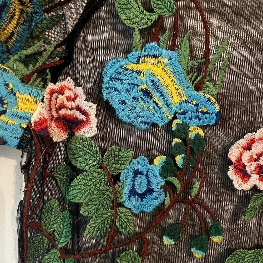 Zara Embroidered Sheer Black Colorful Short Sleeve Top Size Small - Picture 6 of 6